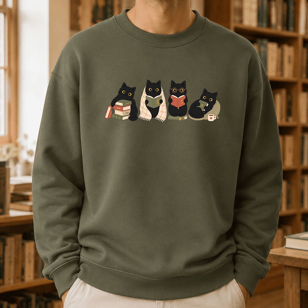 Black Cats Reading Together Printed Sweatshirt | Cozy Cat Lover Gift Military Green