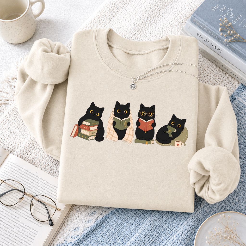 Black Cats Reading Together Printed Sweatshirt | Cozy Cat Lover Gift Sand