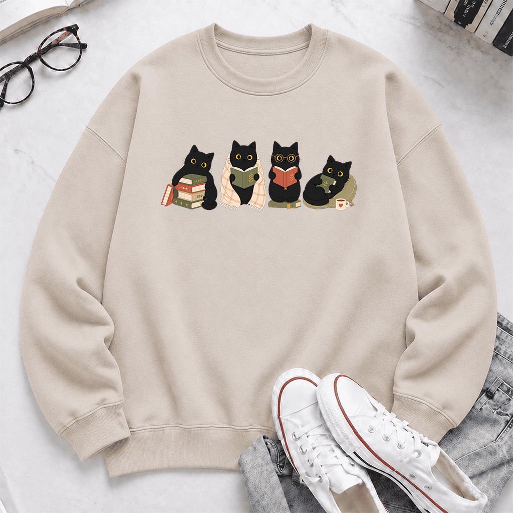 Black Cats Reading Together Printed Sweatshirt | Cozy Cat Lover Gift Sand