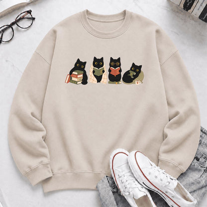 Black Cats Reading Together Printed Sweatshirt | Cozy Cat Lover Gift Sand
