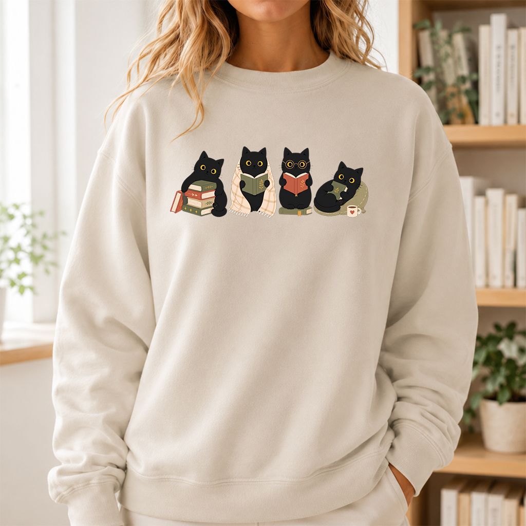 Black Cats Reading Together Printed Sweatshirt | Cozy Cat Lover Gift Sand