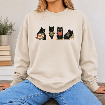 Black Cats Reading Together Printed Sweatshirt | Cozy Cat Lover Gift Sand