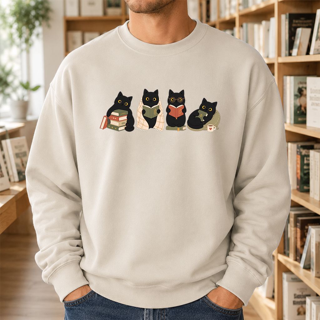 Black Cats Reading Together Printed Sweatshirt | Cozy Cat Lover Gift Sand