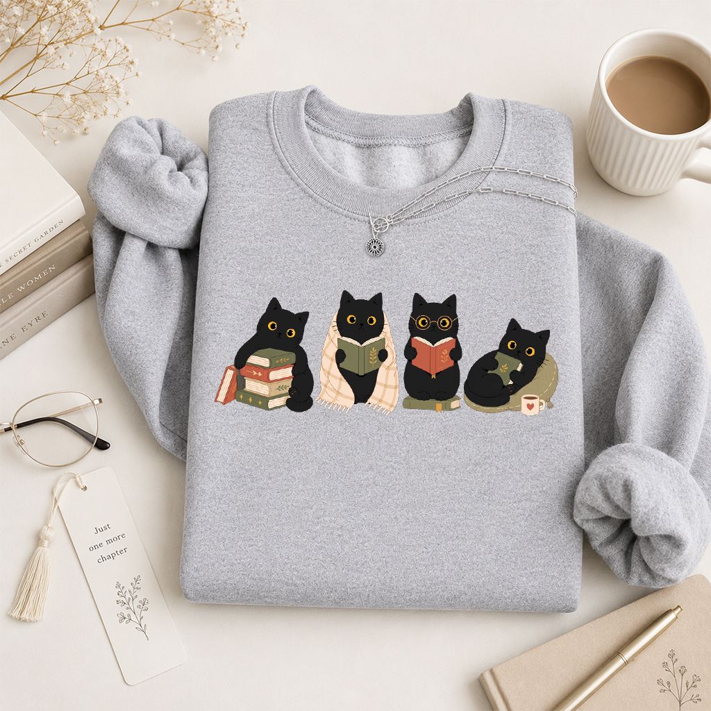 Black Cats Reading Together Printed Sweatshirt | Cozy Cat Lover Gift Sport Grey