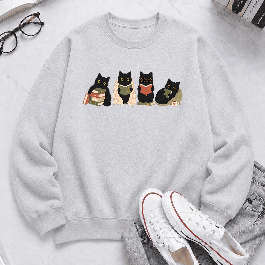 Black Cats Reading Together Printed Sweatshirt | Cozy Cat Lover Gift Sport Grey