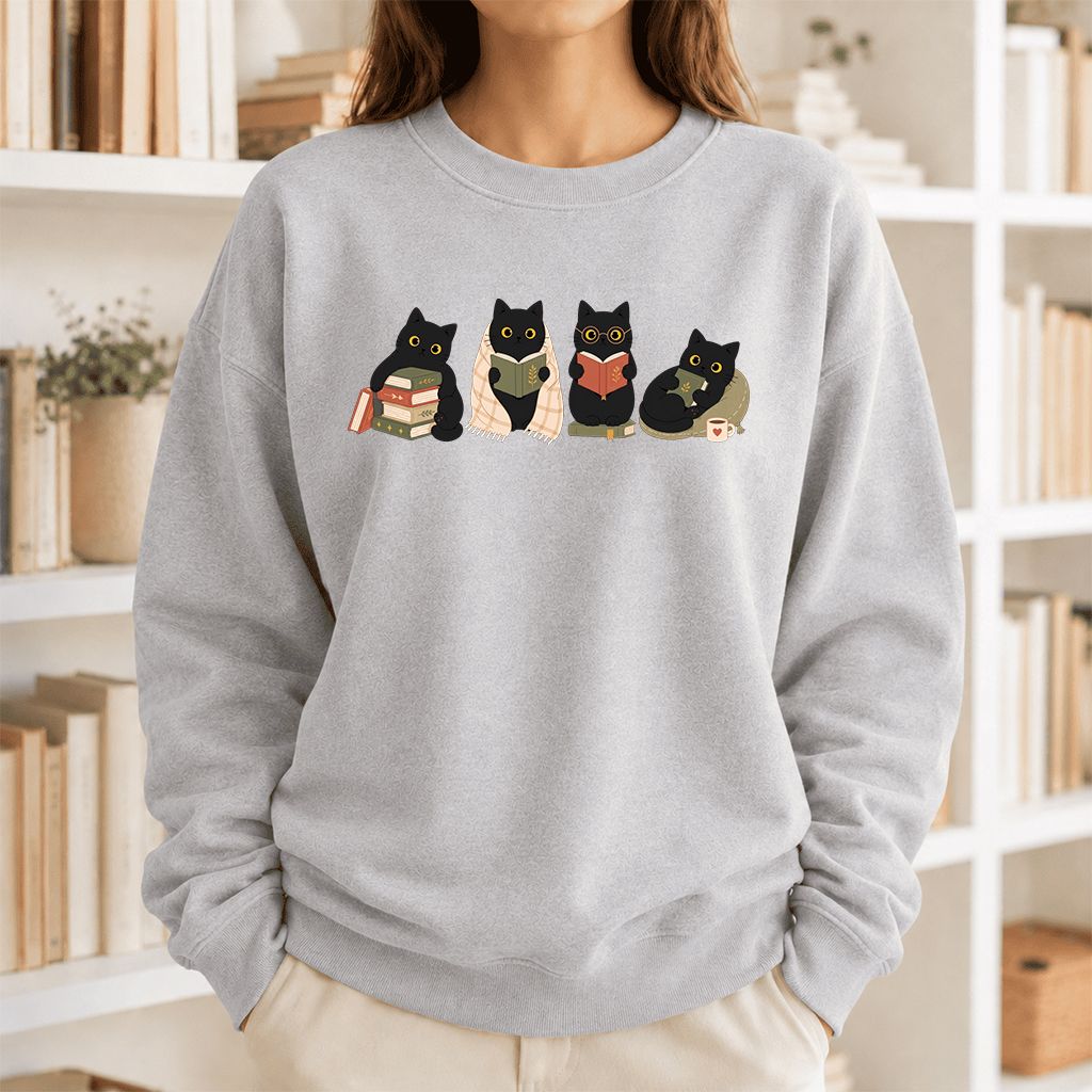 Black Cats Reading Together Printed Sweatshirt | Cozy Cat Lover Gift Sport Grey