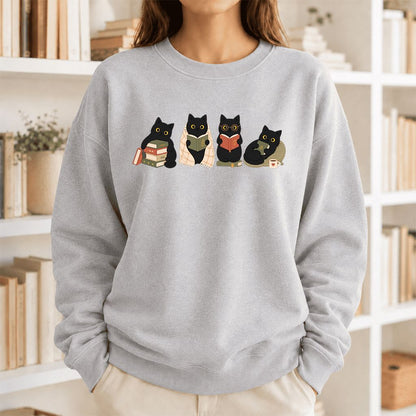 Black Cats Reading Together Printed Sweatshirt | Cozy Cat Lover Gift Sport Grey