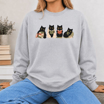 Black Cats Reading Together Printed Sweatshirt | Cozy Cat Lover Gift Sport Grey
