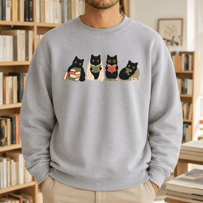 Black Cats Reading Together Printed Sweatshirt | Cozy Cat Lover Gift Sport Grey
