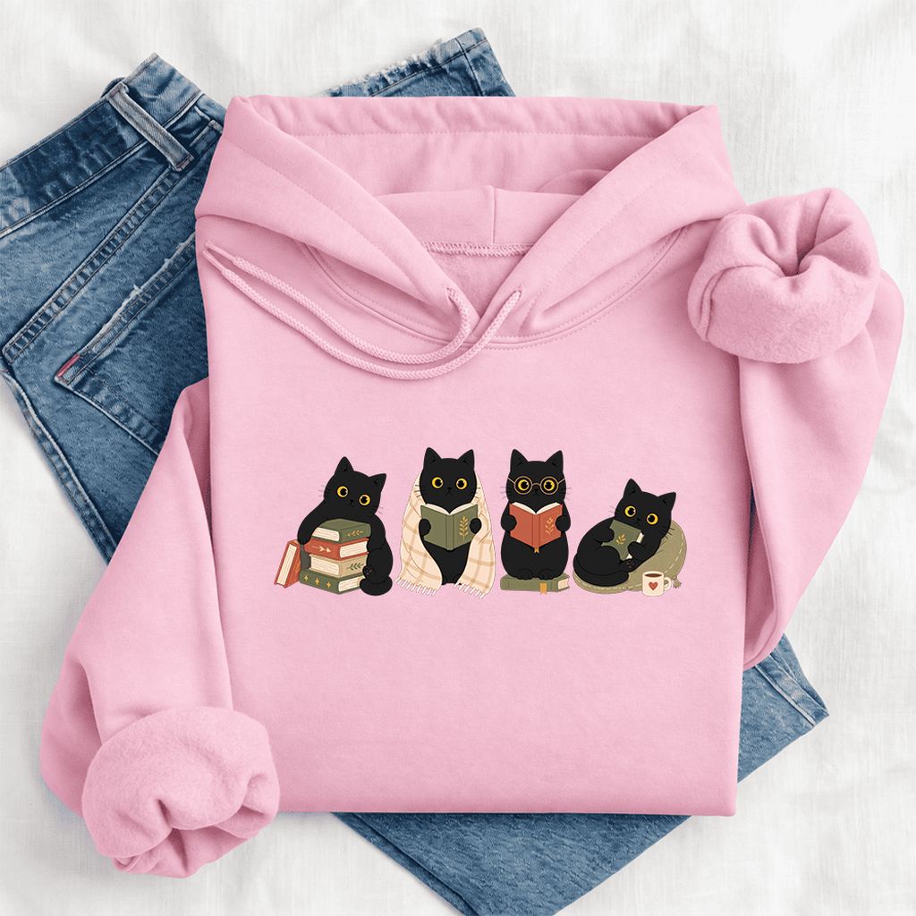 Black Cats Reading Together Softstyle Hoodie | Cozy Cat Lover Gift Light Pink