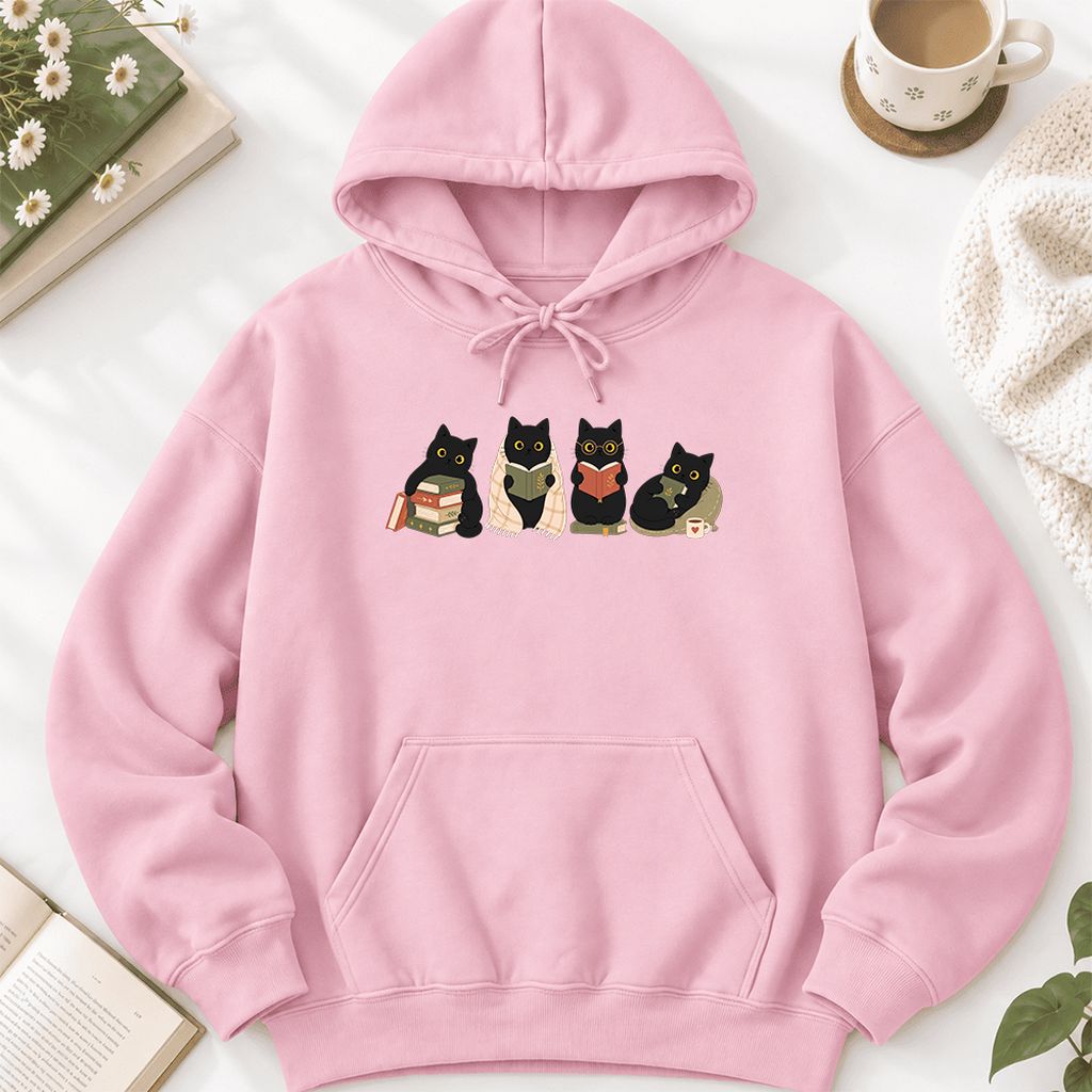 Black Cats Reading Together Softstyle Hoodie | Cozy Cat Lover Gift Light Pink