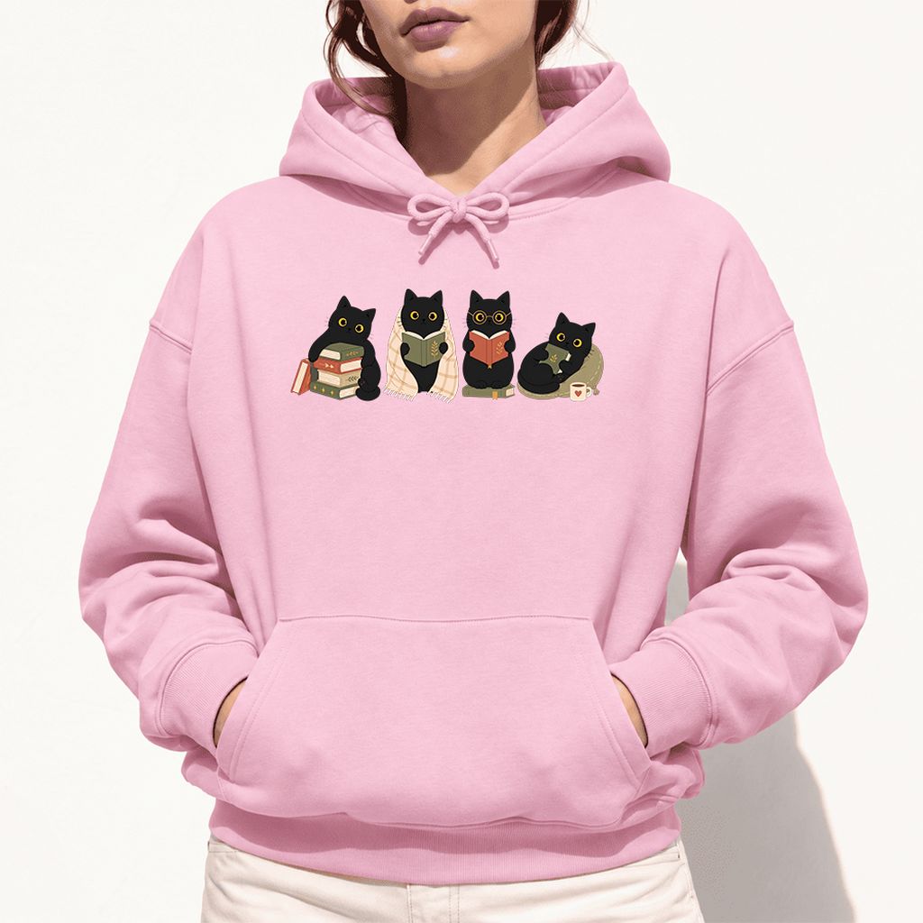 Black Cats Reading Together Softstyle Hoodie | Cozy Cat Lover Gift Light Pink