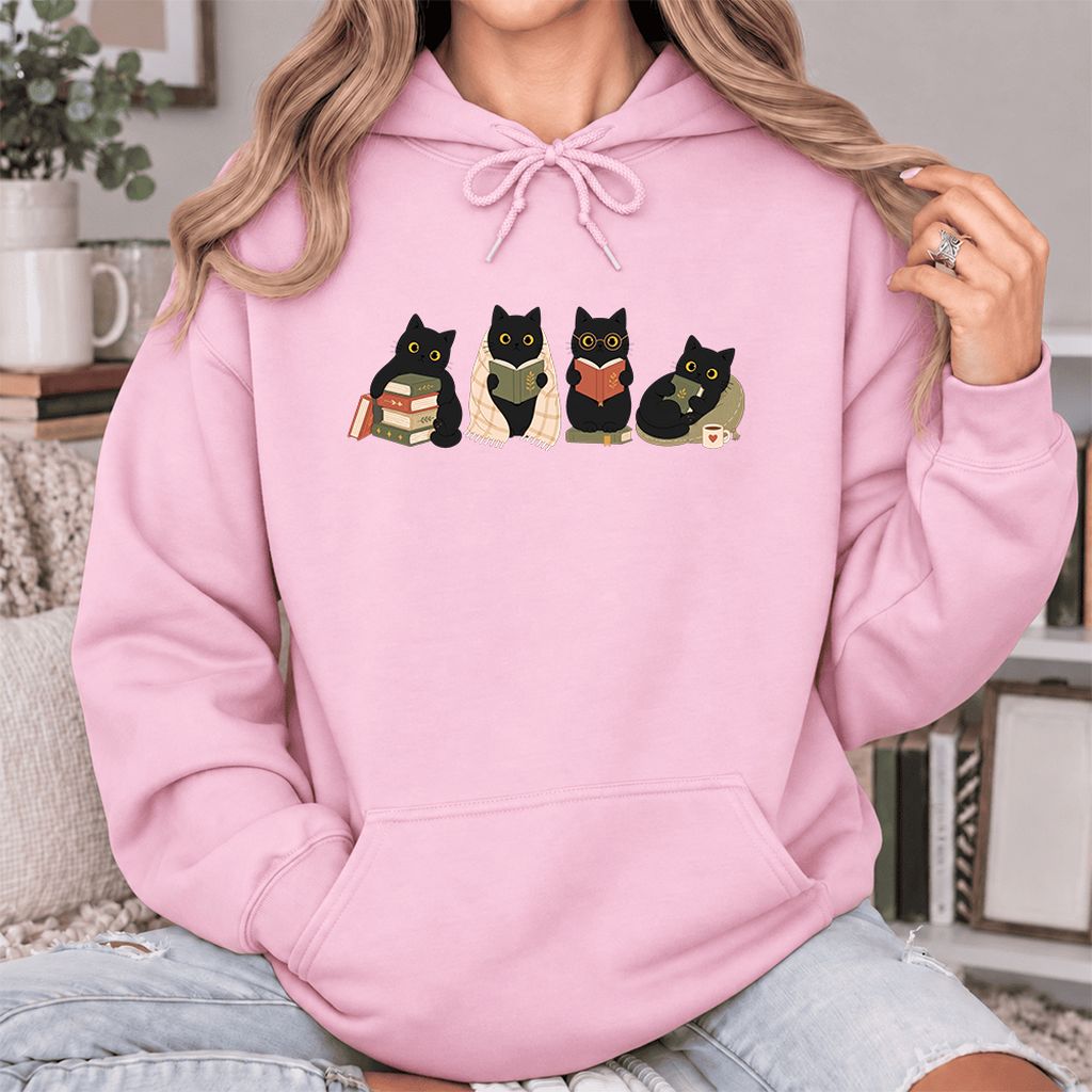 Black Cats Reading Together Softstyle Hoodie | Cozy Cat Lover Gift Light Pink
