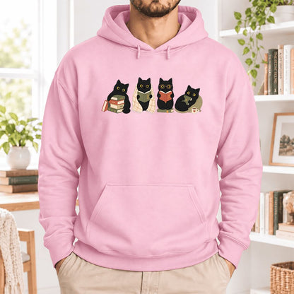 Black Cats Reading Together Softstyle Hoodie | Cozy Cat Lover Gift Light Pink