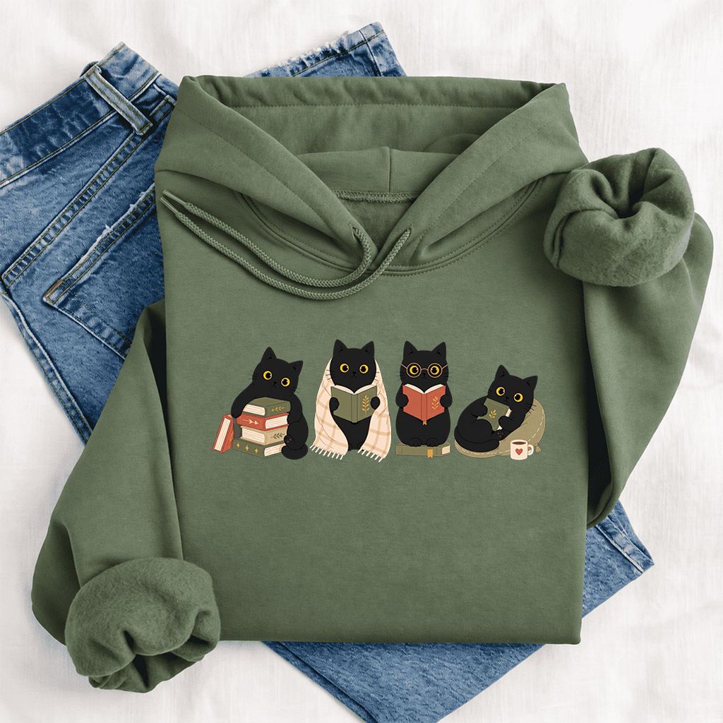 Black Cats Reading Together Softstyle Hoodie | Cozy Cat Lover Gift Military Green