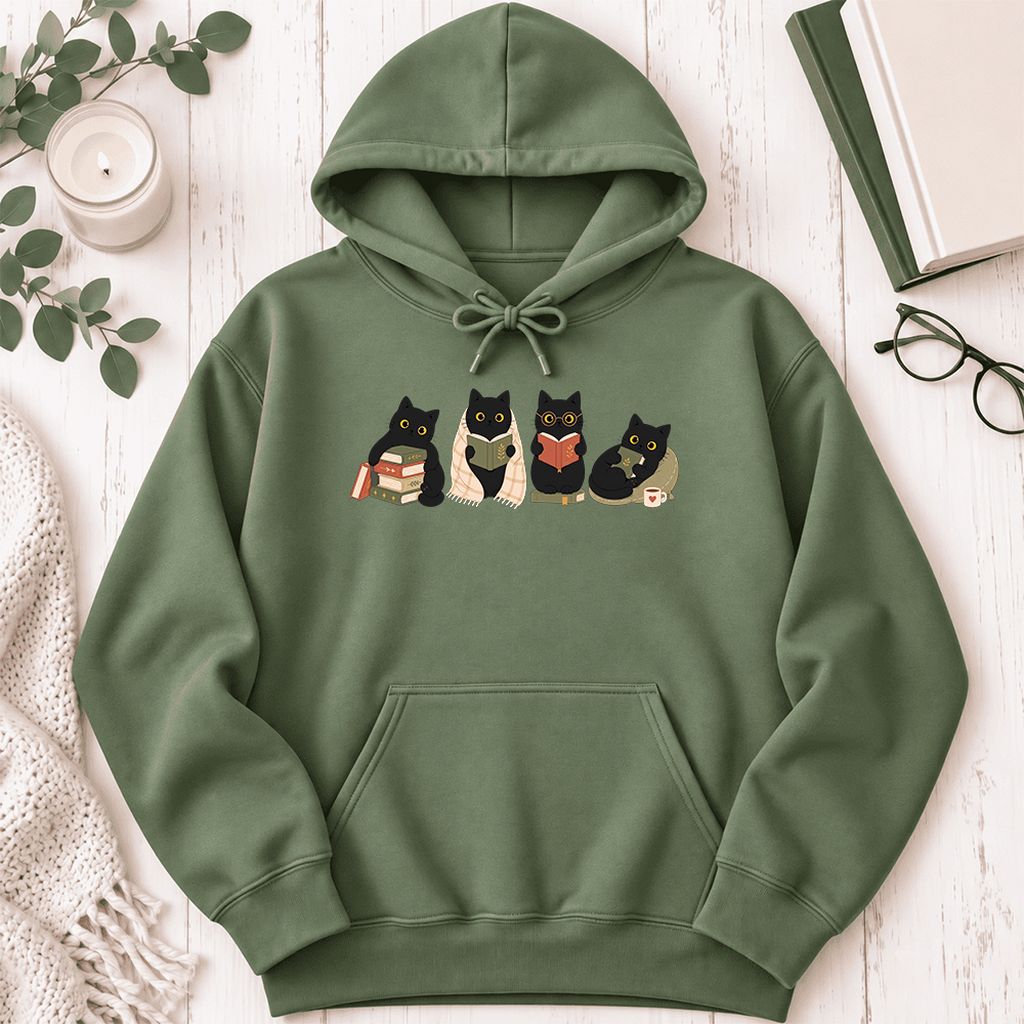 Black Cats Reading Together Softstyle Hoodie | Cozy Cat Lover Gift Military Green