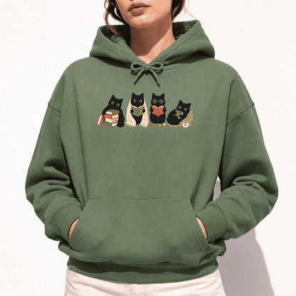 Black Cats Reading Together Softstyle Hoodie | Cozy Cat Lover Gift Military Green