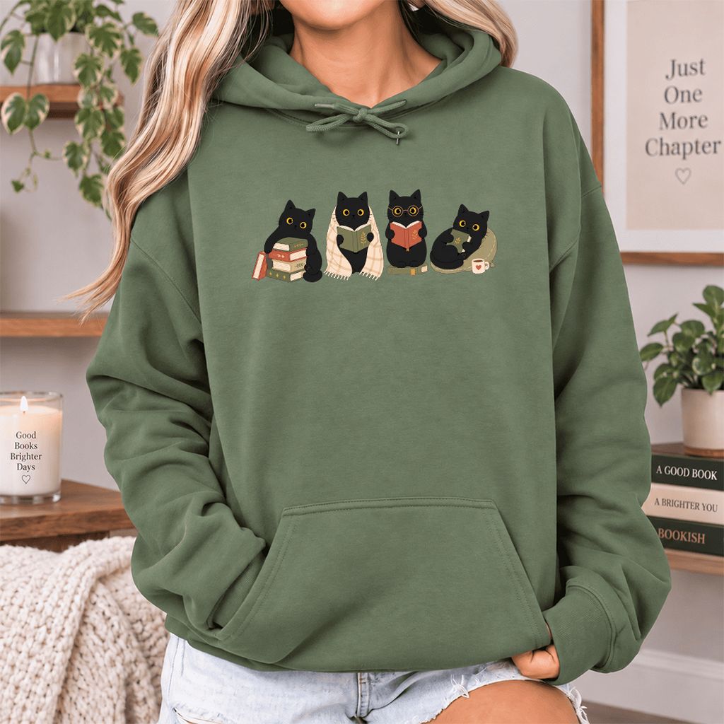 Black Cats Reading Together Softstyle Hoodie | Cozy Cat Lover Gift Military Green