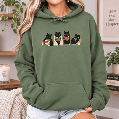 Black Cats Reading Together Softstyle Hoodie | Cozy Cat Lover Gift Military Green