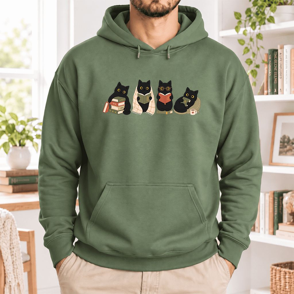 Black Cats Reading Together Softstyle Hoodie | Cozy Cat Lover Gift Military Green