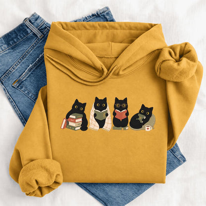 Black Cats Reading Together Softstyle Hoodie | Cozy Cat Lover Gift Mustard