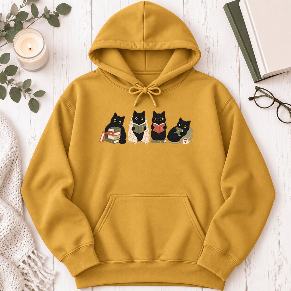 Black Cats Reading Together Softstyle Hoodie | Cozy Cat Lover Gift Mustard