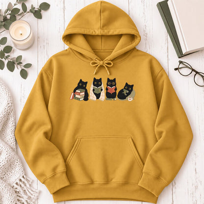Black Cats Reading Together Softstyle Hoodie | Cozy Cat Lover Gift Mustard
