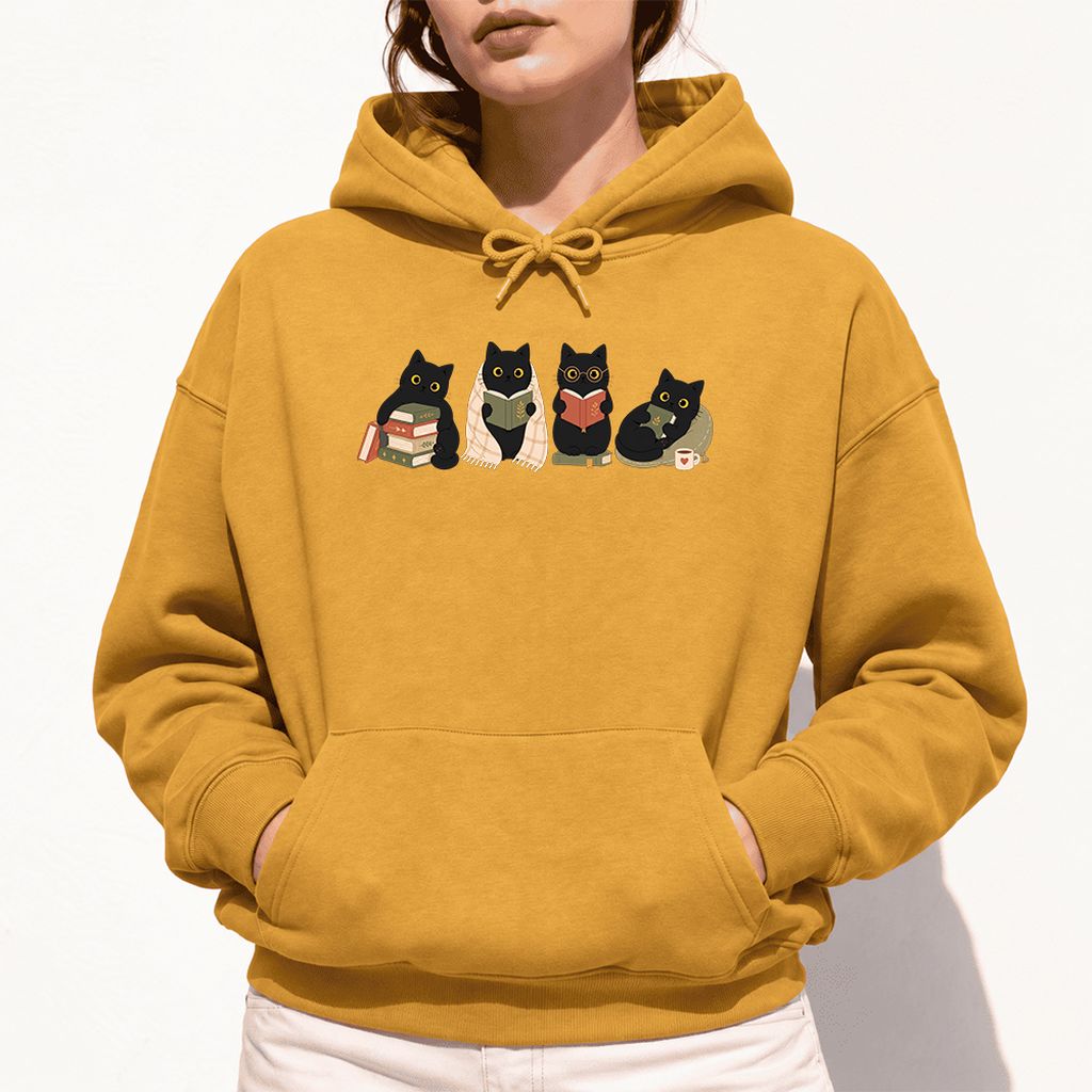 Black Cats Reading Together Softstyle Hoodie | Cozy Cat Lover Gift Mustard