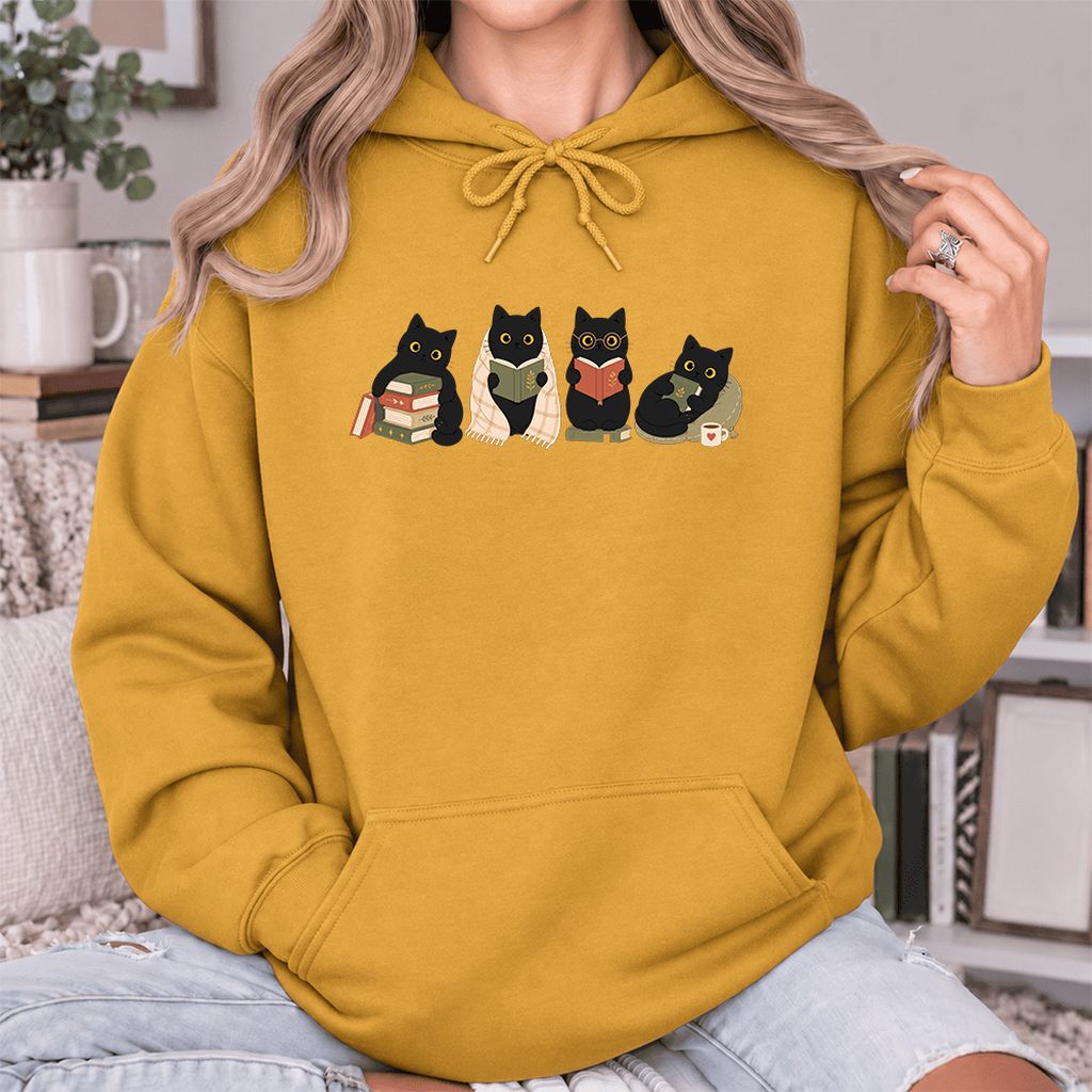 Black Cats Reading Together Softstyle Hoodie | Cozy Cat Lover Gift Mustard