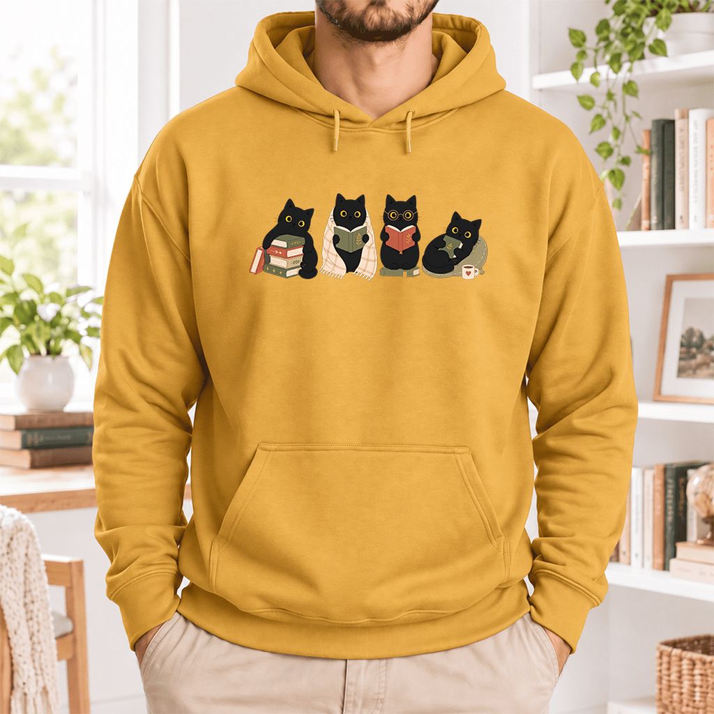 Black Cats Reading Together Softstyle Hoodie | Cozy Cat Lover Gift Mustard