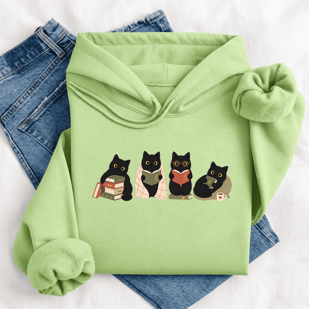 Black Cats Reading Together Softstyle Hoodie | Cozy Cat Lover Gift Pistachio