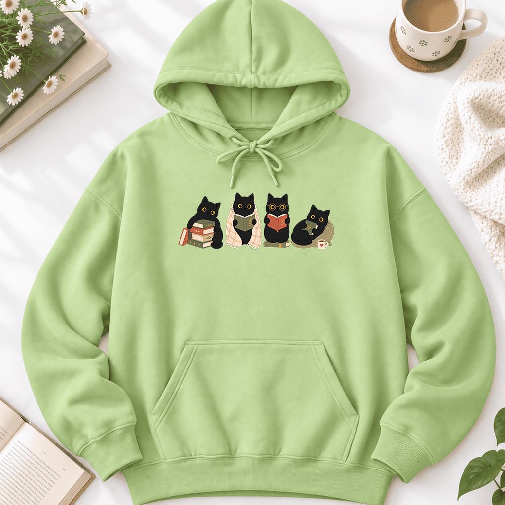 Black Cats Reading Together Softstyle Hoodie | Cozy Cat Lover Gift Pistachio