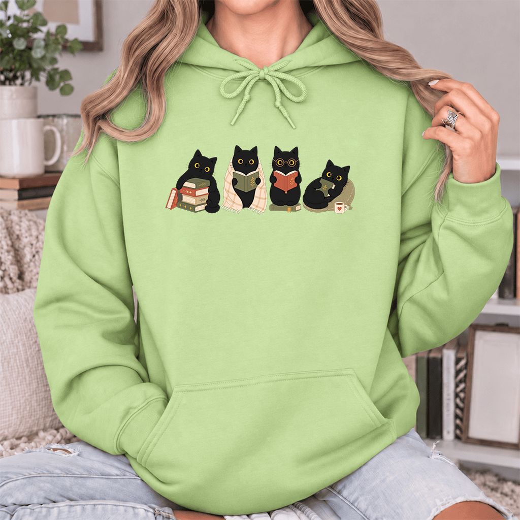 Black Cats Reading Together Softstyle Hoodie | Cozy Cat Lover Gift Pistachio