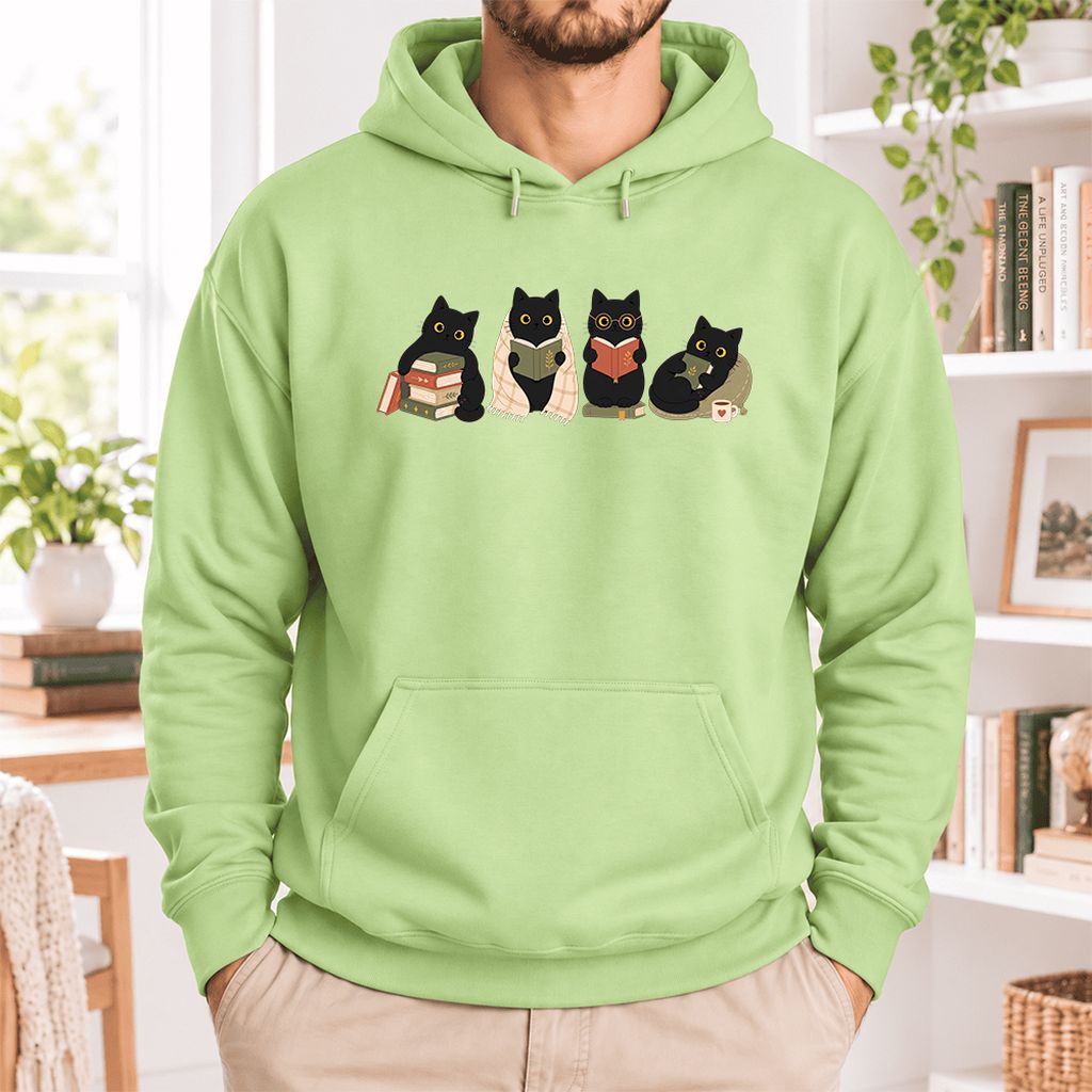 Black Cats Reading Together Softstyle Hoodie | Cozy Cat Lover Gift Pistachio