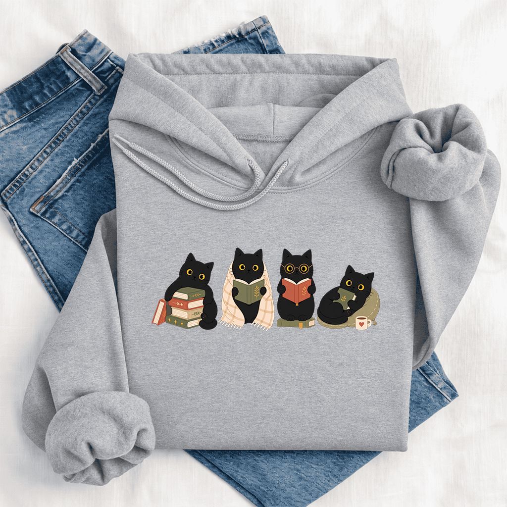 Black Cats Reading Together Softstyle Hoodie | Cozy Cat Lover Gift Sport Grey