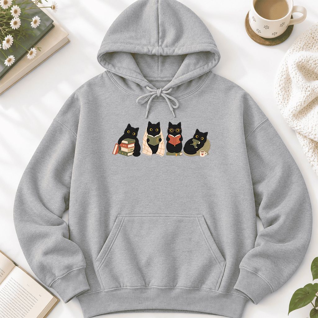 Black Cats Reading Together Softstyle Hoodie | Cozy Cat Lover Gift Sport Grey
