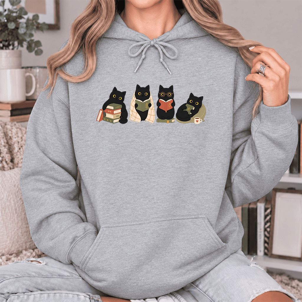 Black Cats Reading Together Softstyle Hoodie | Cozy Cat Lover Gift Sport Grey