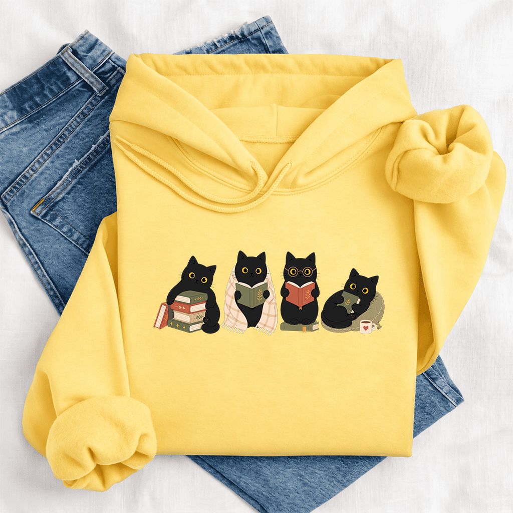 Black Cats Reading Together Softstyle Hoodie | Cozy Cat Lover Gift Yellow Haze