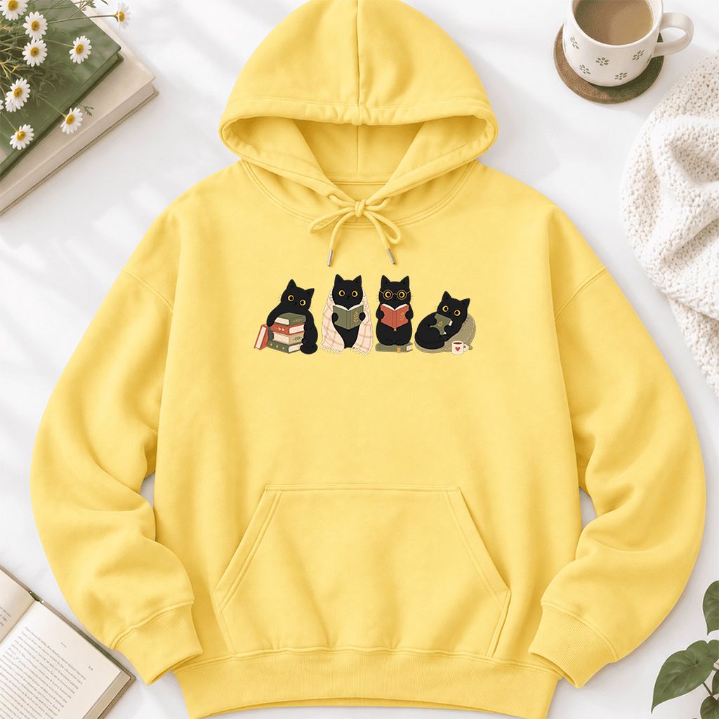 Black Cats Reading Together Softstyle Hoodie | Cozy Cat Lover Gift Yellow Haze