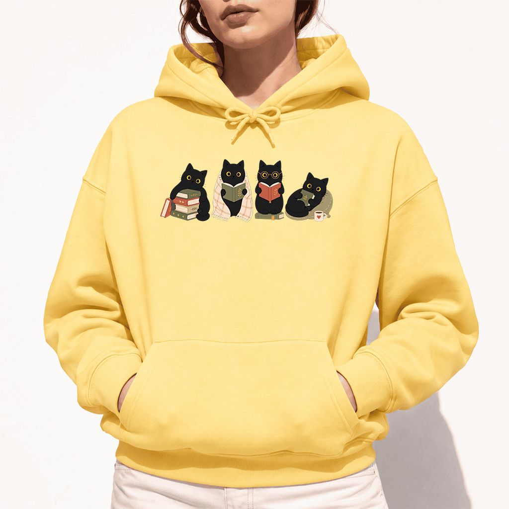 Black Cats Reading Together Softstyle Hoodie | Cozy Cat Lover Gift Yellow Haze