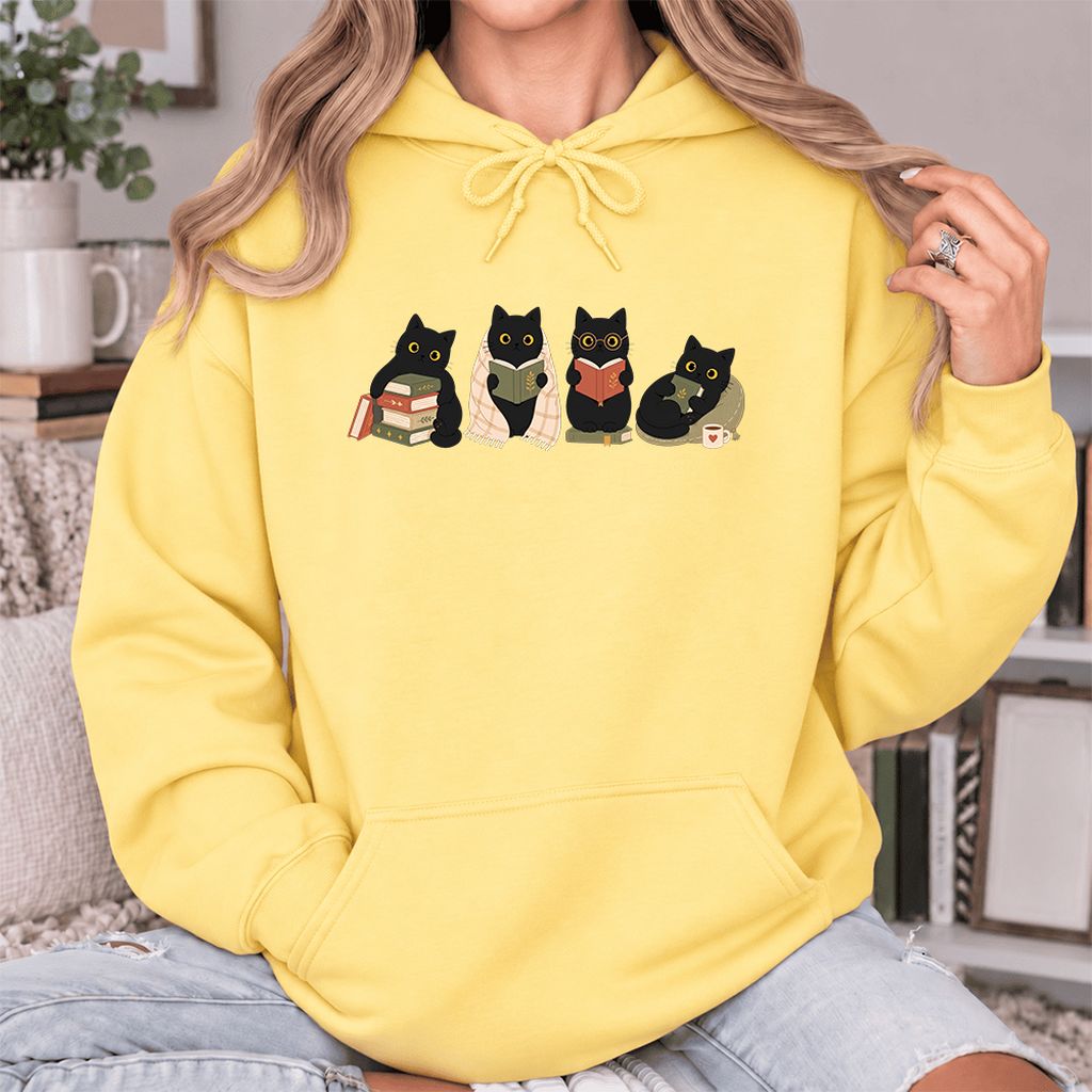 Black Cats Reading Together Softstyle Hoodie | Cozy Cat Lover Gift Yellow Haze