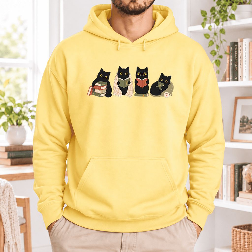 Black Cats Reading Together Softstyle Hoodie | Cozy Cat Lover Gift Yellow Haze
