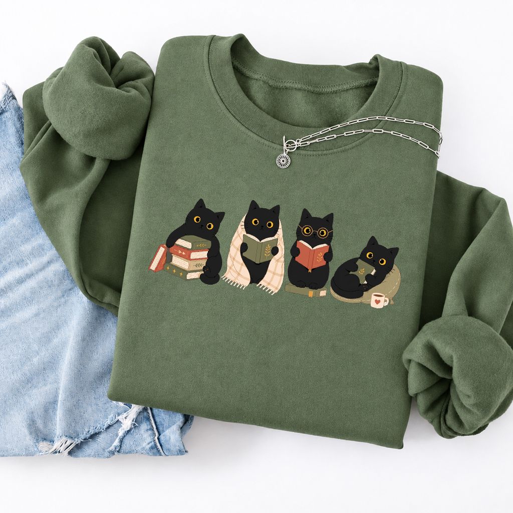 Black Cats Reading Together Softstyle Sweatshirt | Cozy Cat Lover Gift Military Green