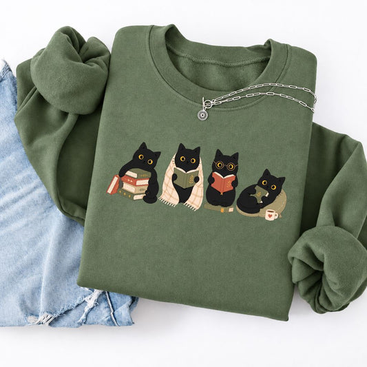 Black Cats Reading Together Softstyle Sweatshirt | Cozy Cat Lover Gift Military Green