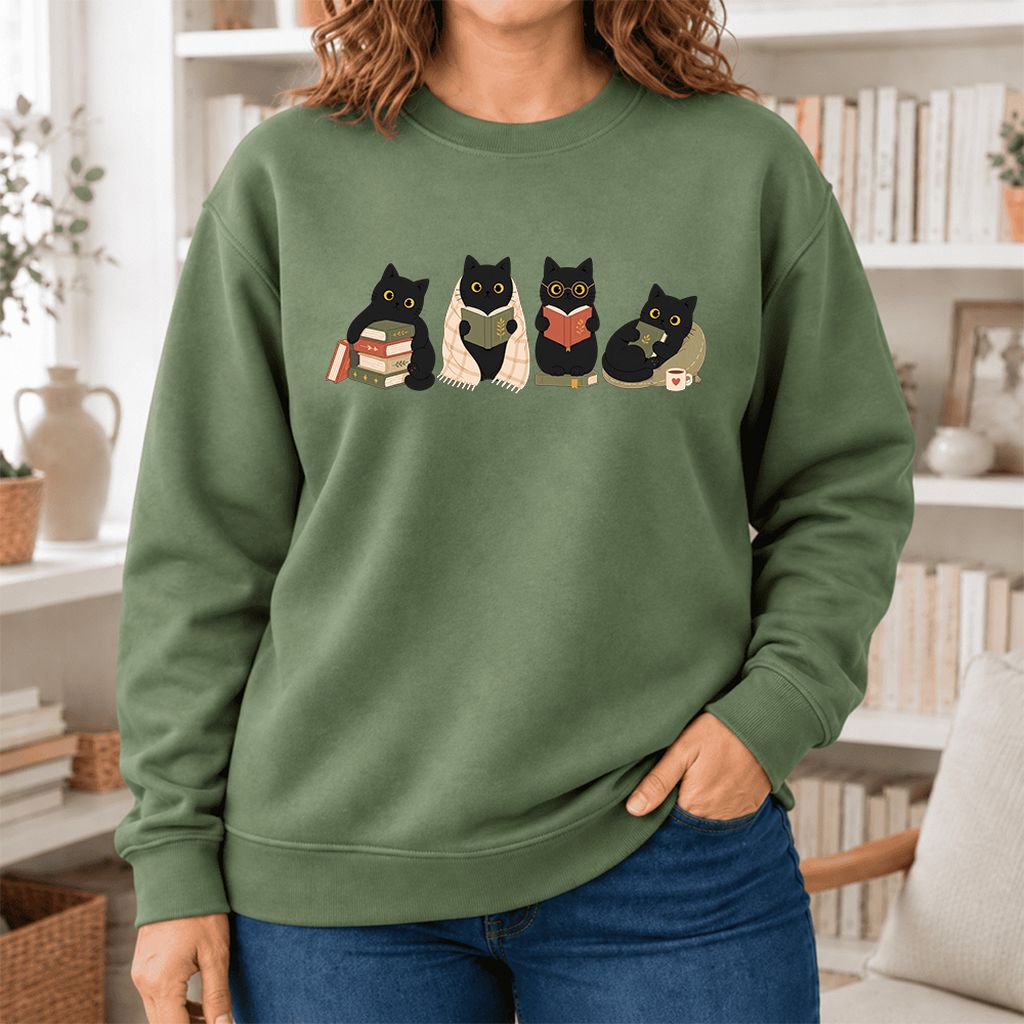 Black Cats Reading Together Softstyle Sweatshirt | Cozy Cat Lover Gift Military Green