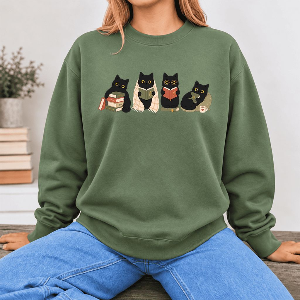 Black Cats Reading Together Softstyle Sweatshirt | Cozy Cat Lover Gift Military Green