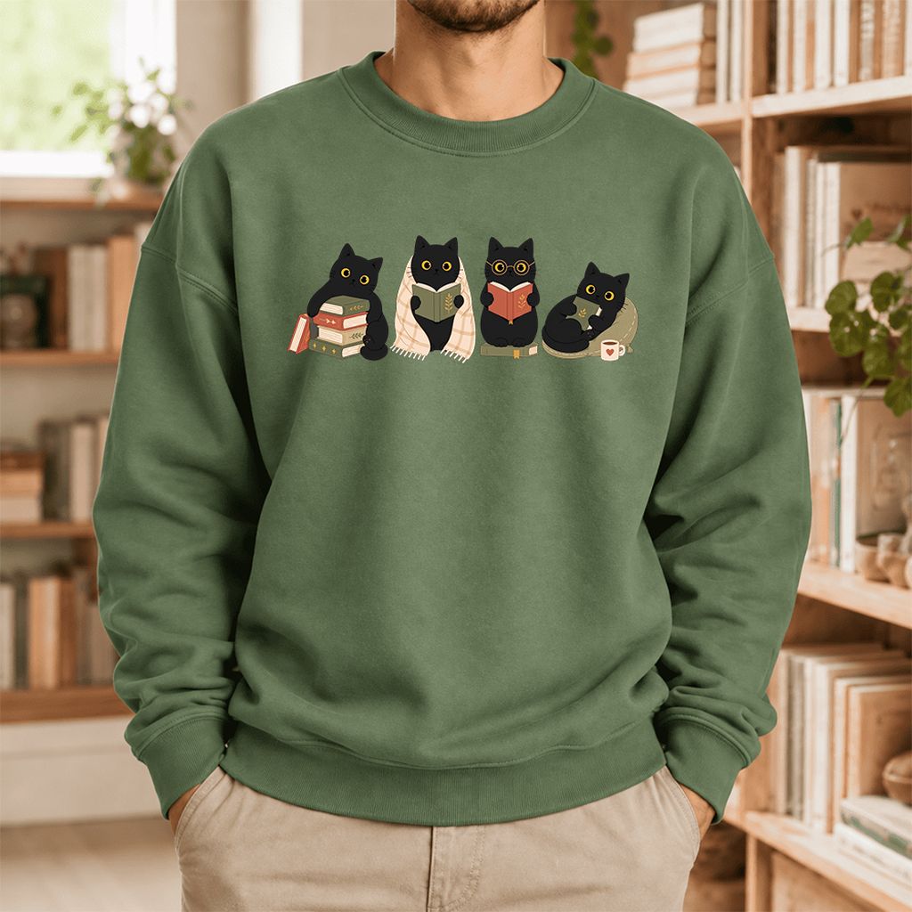 Black Cats Reading Together Softstyle Sweatshirt | Cozy Cat Lover Gift Military Green