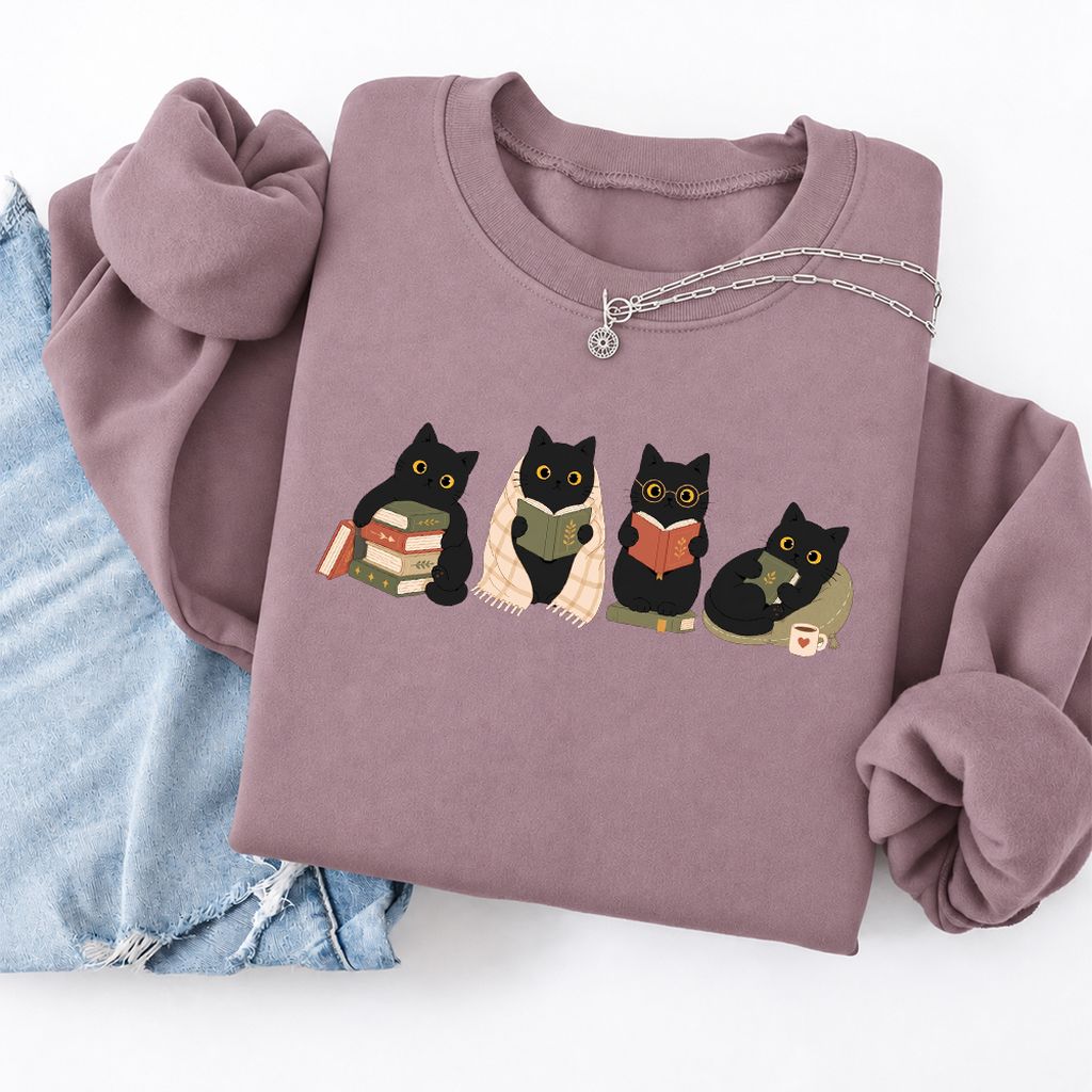Black Cats Reading Together Softstyle Sweatshirt | Cozy Cat Lover Gift Paragon