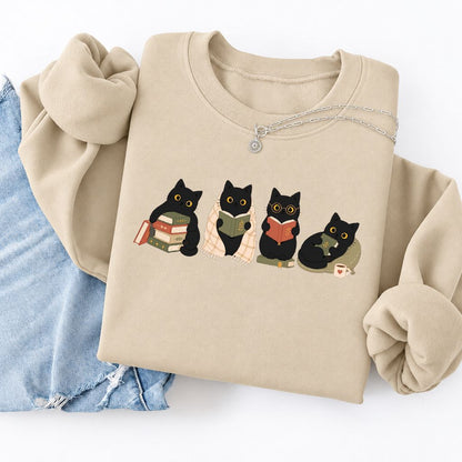 Black Cats Reading Together Softstyle Sweatshirt | Cozy Cat Lover Gift Sand
