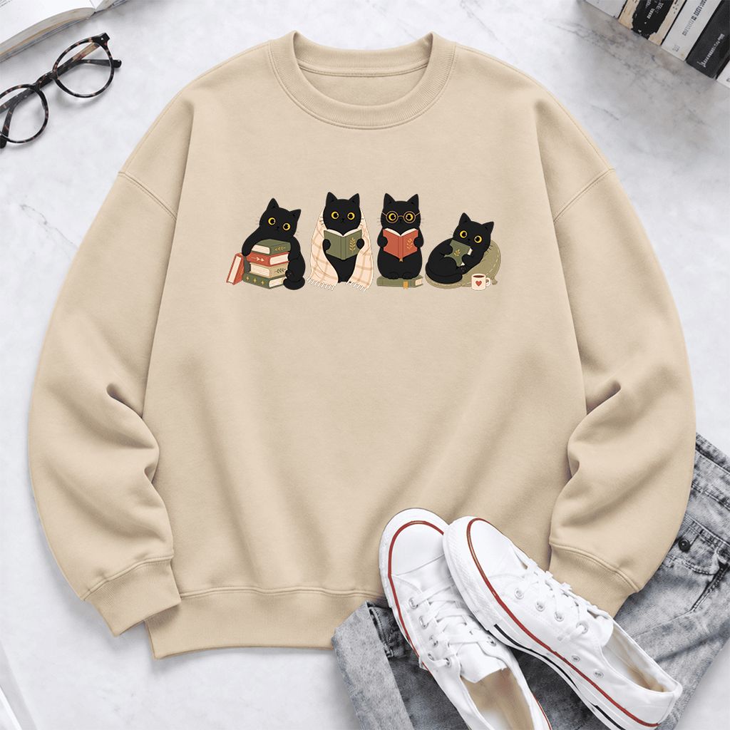 Black Cats Reading Together Softstyle Sweatshirt | Cozy Cat Lover Gift Sand